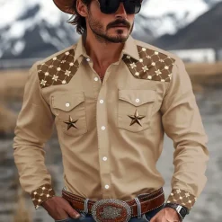 Best OUKU Men's Pentagram Western Shirt Cowboy Shirt Long Sleeve Western Sport Spring Fall Turndown Patchwork Dark Brown Brown