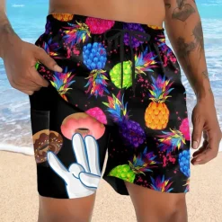 Outlet OUKU Men's Pineapple Funny Donuts Lined Shorts 2 in 1 Board Shorts Swim Shorts Mid Waist Hawaiian Vacation Holiday Beach Wear Side Pockets With Compression Liner Elastic Drawstring Waist Designer Clothing