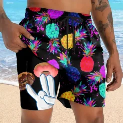 Outlet OUKU Men's Pineapple Funny Donuts Lined Shorts 2 in 1 Board Shorts Swim Shorts Mid Waist Hawaiian Vacation Holiday Beach Wear Side Pockets With Compression Liner Elastic Drawstring Waist Designer Clothing