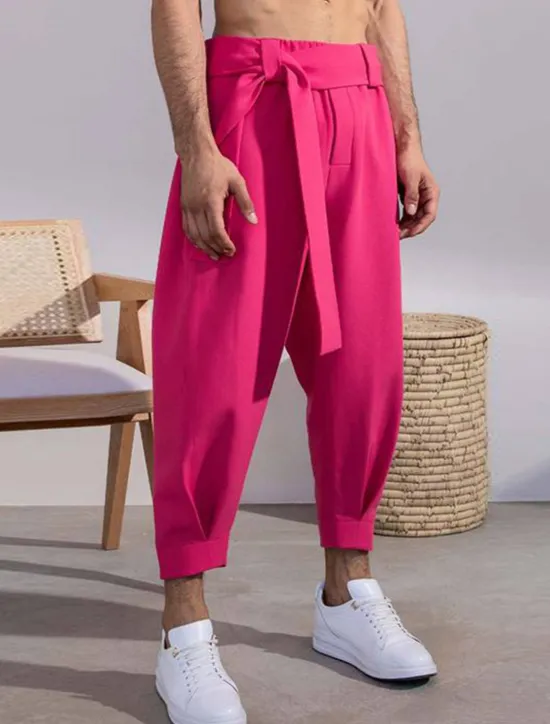 Sale OUKU Men's Pink Pants Cropped Pants Harem Pants Casual Pants Pocket Elastic Waist Plain Comfort Breathable Ankle-Length Casual Daily Holiday Stylish Classic Style Black Pink