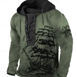 Sale OUKU Men's Pirate Hoodie Hoodies Sweatshirt Fashion Cool Long Sleeve Hooded Sports Outdoor Blue Brown Drawstring Fall Winter Designer