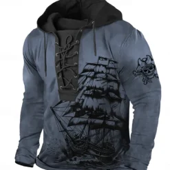 Sale OUKU Men's Pirate Hoodie Hoodies Sweatshirt Fashion Cool Long Sleeve Hooded Sports Outdoor Blue Brown Drawstring Fall Winter Designer