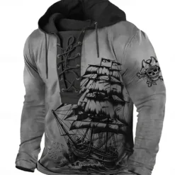 Sale OUKU Men's Pirate Hoodie Hoodies Sweatshirt Fashion Cool Long Sleeve Hooded Sports Outdoor Blue Brown Drawstring Fall Winter Designer