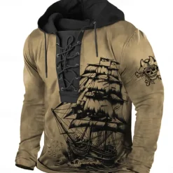 Sale OUKU Men's Pirate Hoodie Hoodies Sweatshirt Fashion Cool Long Sleeve Hooded Sports Outdoor Blue Brown Drawstring Fall Winter Designer