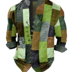 New OUKU Men's Plaid / Check Geometric Pattern Geometry Shirt Button Up Shirt Long Sleeve Fashion Streetwear Designer Outdoor Casual Daily Summer Spring Fall Stand Collar Print Light Green Red Blue Purple