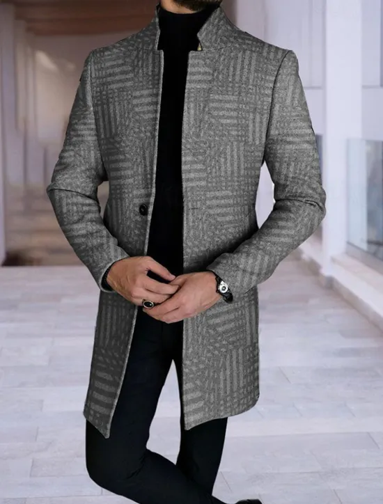 Outlet OUKU Men's Plaid / Check Geometry Winter Coat Overcoat Coat Warm Breathable Comfortable Fashion Streetwear Business Work Wear to work Going out Pocket Print Fall & Winter Turndown Long Sleeve Black Gray