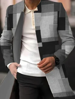 Sale OUKU Men's Plaid / Check Graphic Prints Geometry Winter Coat Overcoat Coat Warm Breathable Comfortable Fashion Streetwear Business Work Wear to work Going out Pocket Print Fall & Winter Turndown Long