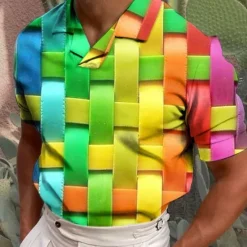 Online OUKU Men's Plaid / Check Graphic Prints Polo Shirt Golf Shirt Short Sleeves Shirt Cuban Collar Outdoor Street Yellow Red Green Print Clothing Apparel Fashion Designer Casual Breathable