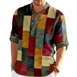 Outlet OUKU Men's Plaid / Check Patchwork Geometric Pattern Shirt Button Up Shirt Long Sleeve Fashion Streetwear Designer Casual Going out Summer Spring Fall Stand Collar Print Khaki+Khaki Black White Yellow