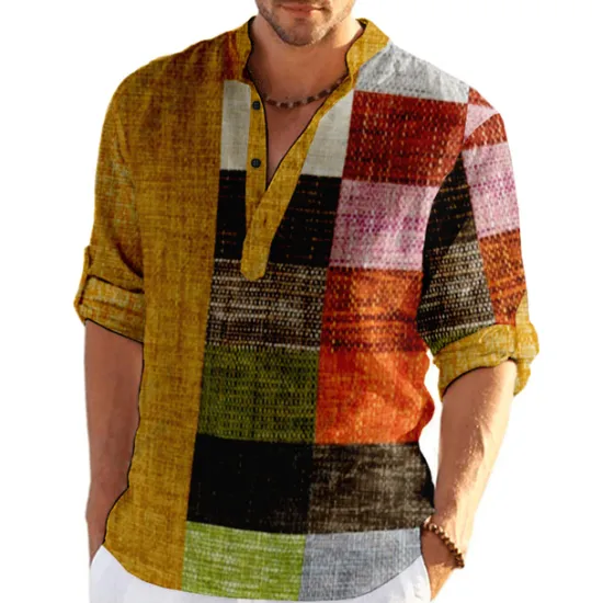 Outlet OUKU Men's Plaid / Check Patchwork Geometric Pattern Shirt Button Up Shirt Long Sleeve Fashion Streetwear Designer Casual Going out Summer Spring Fall Stand Collar Print Khaki+Khaki Black White Yellow