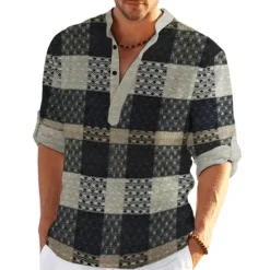 Outlet OUKU Men's Plaid / Check Patchwork Geometric Pattern Shirt Button Up Shirt Long Sleeve Fashion Streetwear Designer Casual Going out Summer Spring Fall Stand Collar Print Khaki+Khaki Black White Yellow
