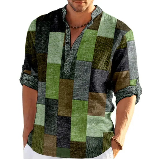Outlet OUKU Men's Plaid / Check Patchwork Geometric Pattern Shirt Button Up Shirt Long Sleeve Fashion Streetwear Designer Casual Going out Summer Spring Fall Stand Collar Print Khaki+Khaki Black White Yellow