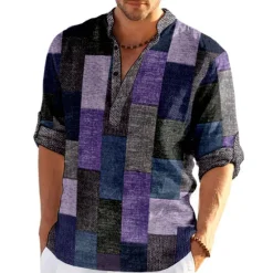 Outlet OUKU Men's Plaid / Check Patchwork Geometric Pattern Shirt Button Up Shirt Long Sleeve Fashion Streetwear Designer Casual Going out Summer Spring Fall Stand Collar Print Khaki+Khaki Black White Yellow