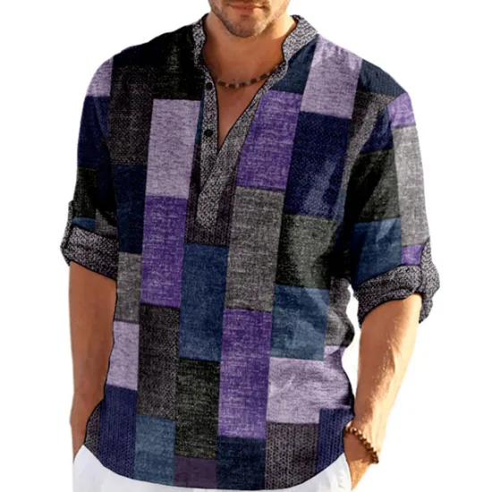 Outlet OUKU Men's Plaid / Check Patchwork Geometric Pattern Shirt Button Up Shirt Long Sleeve Fashion Streetwear Designer Casual Going out Summer Spring Fall Stand Collar Print Khaki+Khaki Black White Yellow