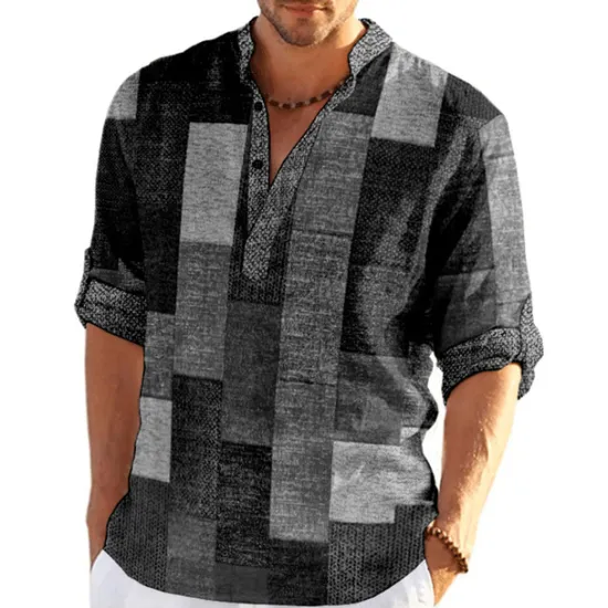 Outlet OUKU Men's Plaid / Check Patchwork Geometric Pattern Shirt Button Up Shirt Long Sleeve Fashion Streetwear Designer Casual Going out Summer Spring Fall Stand Collar Print Khaki+Khaki Black White Yellow