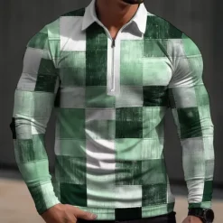 Discount OUKU Men's Plaid / Check Waffle Polo Shirts Polo Shirts Golf Polos Shirts Long Sleeve Polo Shirts Turndown Zip Casual Outdoor Casual Daily Streetwear 3D Print Spring Blue Green Khaki