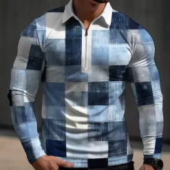 Discount OUKU Men's Plaid / Check Waffle Polo Shirts Polo Shirts Golf Polos Shirts Long Sleeve Polo Shirts Turndown Zip Casual Outdoor Casual Daily Streetwear 3D Print Spring Blue Green Khaki