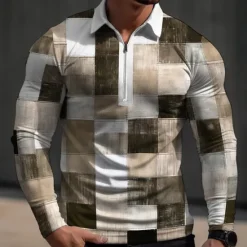 Discount OUKU Men's Plaid / Check Waffle Polo Shirts Polo Shirts Golf Polos Shirts Long Sleeve Polo Shirts Turndown Zip Casual Outdoor Casual Daily Streetwear 3D Print Spring Blue Green Khaki