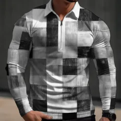 Discount OUKU Men's Plaid / Check Waffle Polo Shirts Polo Shirts Golf Polos Shirts Long Sleeve Polo Shirts Turndown Zip Casual Outdoor Casual Daily Streetwear 3D Print Spring Blue Green Khaki