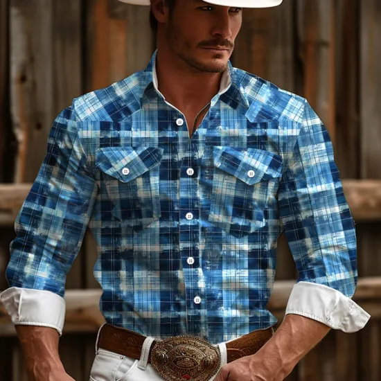 Online OUKU Men's Plaid / Check Western Shirt Cowboy Shirt Long Sleeve Vintage Western Style Daily Wear Going out Weekend Spring & Summer Turndown Pocket Print Button-Down Pink Blue Brown Gray