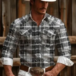 Online OUKU Men's Plaid / Check Western Shirt Cowboy Shirt Long Sleeve Vintage Western Style Daily Wear Going out Weekend Spring & Summer Turndown Pocket Print Button-Down Pink Blue Brown Gray