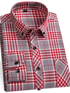 Online OUKU Men's Plaid / Striped / Chevron / Round Office & Career Daily Wear Dark Red Yellow Red Dark Navy Long Sleeve Shirt Collar All Seasons Clothing Apparel Cross