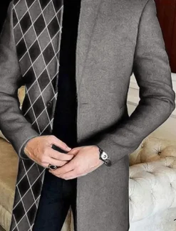 Hot OUKU Men's Plaid Argyle Graffiti Winter Coat Overcoat Coat Warm Breathable Comfortable Fashion Streetwear Business Work Wear to work Going out Pocket Print Fall & Winter Turndown Long Sleeve Black White