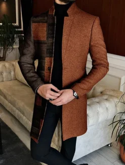 OUKU Men's Plaid Color Block Marble Winter Coat Overcoat Coat Warm Breathable Comfortable Fashion Streetwear Business Work Wear to work Going out Pocket Print Fall & Winter Turndown Long Sleeve Orange