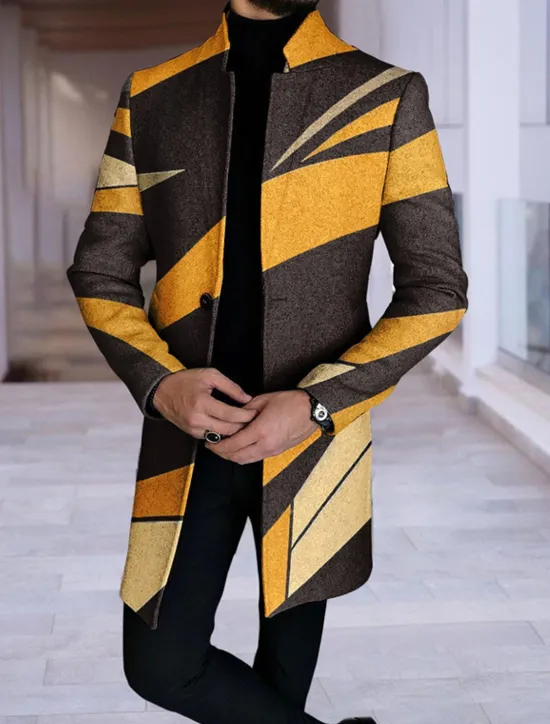 OUKU Men's Plaid Color Block Marble Winter Coat Overcoat Coat Warm Breathable Comfortable Fashion Streetwear Business Work Wear to work Going out Pocket Print Fall & Winter Turndown Long Sleeve Orange