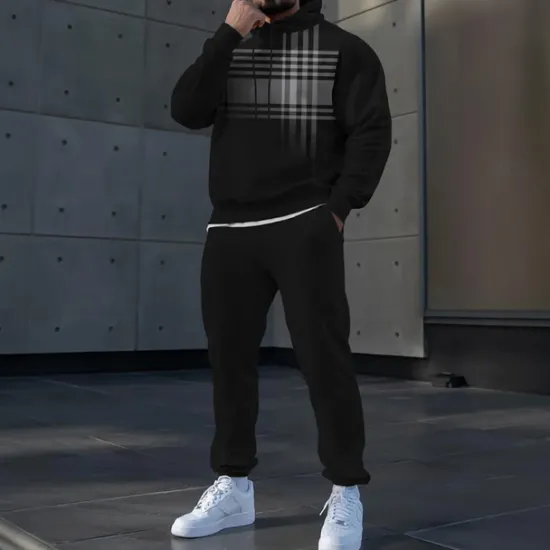 Discount OUKU Men's Plaid Color Block 2pcs 3D Sweatshirt Sets Tracksuit Hoodie Sweatshirt Long Sleeve Long pants Hooded Sporty Casual Daily Athleisure 3D Print Spring Fall Winter Black White Gray