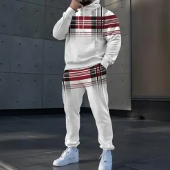 Discount OUKU Men's Plaid Color Block 2pcs 3D Sweatshirt Sets Tracksuit Hoodie Sweatshirt Long Sleeve Long pants Hooded Sporty Casual Daily Athleisure 3D Print Spring Fall Winter Black White Gray
