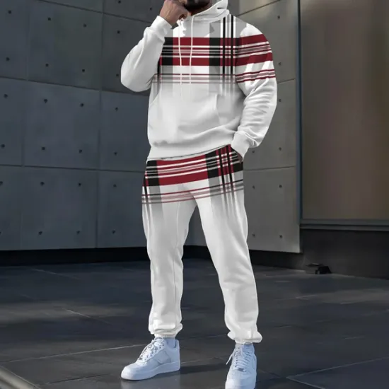 Discount OUKU Men's Plaid Color Block 2pcs 3D Sweatshirt Sets Tracksuit Hoodie Sweatshirt Long Sleeve Long pants Hooded Sporty Casual Daily Athleisure 3D Print Spring Fall Winter Black White Gray