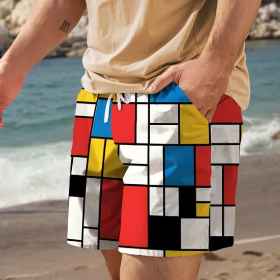 New OUKU Men's Plaid Color Block Swim Trunks Swim Shorts Board Shorts Mid Waist Vacation Hawaiian Holiday Vacation Holiday Beach Drawstring with Mesh lining Elastic Waist Designer Clothing Apparel