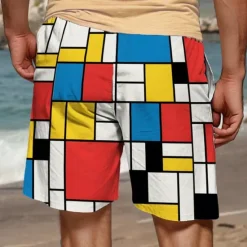 New OUKU Men's Plaid Color Block Swim Trunks Swim Shorts Board Shorts Mid Waist Vacation Hawaiian Holiday Vacation Holiday Beach Drawstring with Mesh lining Elastic Waist Designer Clothing Apparel