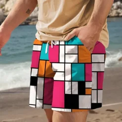 New OUKU Men's Plaid Color Block Swim Trunks Swim Shorts Board Shorts Mid Waist Vacation Hawaiian Holiday Vacation Holiday Beach Drawstring with Mesh lining Elastic Waist Designer Clothing Apparel