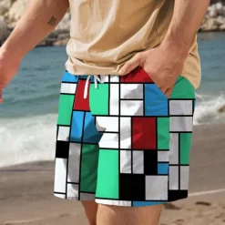 New OUKU Men's Plaid Color Block Swim Trunks Swim Shorts Board Shorts Mid Waist Vacation Hawaiian Holiday Vacation Holiday Beach Drawstring with Mesh lining Elastic Waist Designer Clothing Apparel