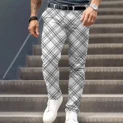 Outlet OUKU Men's Plaid Dress Pants Mid Waist Formal Casual Buttons Pocket 3D Print Summer Spring Fall & Winter 3D Print White