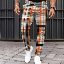 New OUKU Men's Plaid Dress Pants Mid Waist Business Casual Formal Outdoor Dailywear Zipper Pocket Summer Spring Fall 3D Print Orange