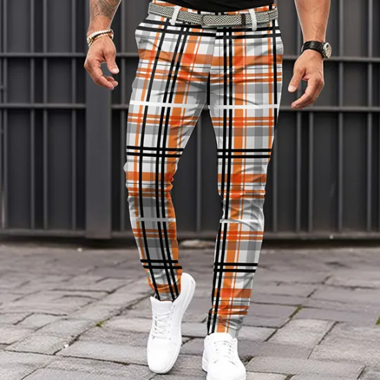 New OUKU Men's Plaid Dress Pants Mid Waist Business Casual Formal Outdoor Dailywear Zipper Pocket Summer Spring Fall 3D Print Orange