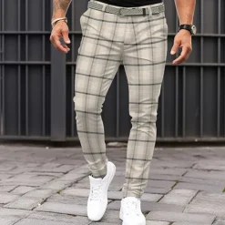 OUKU Men's Plaid Dress Pants Mid Waist Business Casual Formal Dailywear Pocket Summer Spring Fall Beige