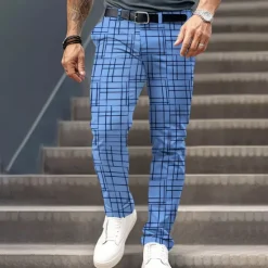 Outlet OUKU Men's Plaid Dress Pants Mid Waist Formal Casual Buttons Pocket 3D Print Summer Spring Fall & Winter 3D Print Navy Blue Blue