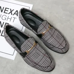 Hot OUKU Men's Plaid Fabric Loafers with Metal Buckle – Stylish Slip-On Shoes for Business, Weddings, and Smart-Casual Outfits