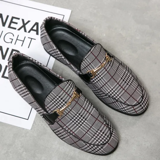 Hot OUKU Men's Plaid Fabric Loafers with Metal Buckle – Stylish Slip-On Shoes for Business, Weddings, and Smart-Casual Outfits