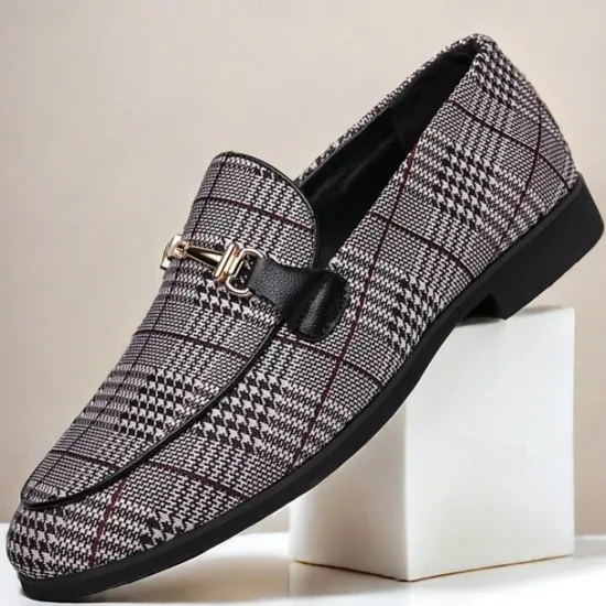 Hot OUKU Men's Plaid Fabric Loafers with Metal Buckle – Stylish Slip-On Shoes for Business, Weddings, and Smart-Casual Outfits