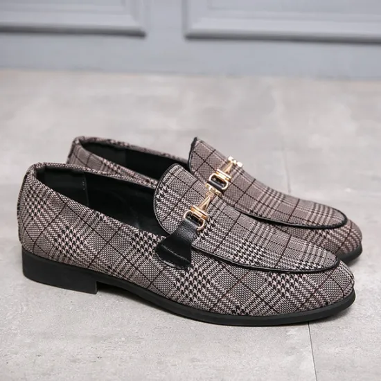 Hot OUKU Men's Plaid Fabric Loafers with Metal Buckle – Stylish Slip-On Shoes for Business, Weddings, and Smart-Casual Outfits