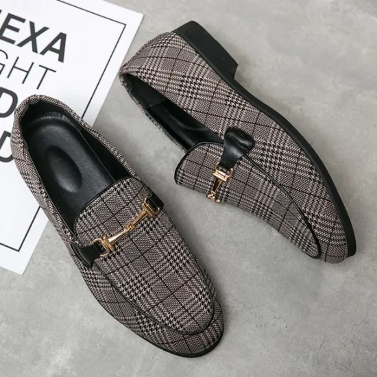 Hot OUKU Men's Plaid Fabric Loafers with Metal Buckle – Stylish Slip-On Shoes for Business, Weddings, and Smart-Casual Outfits