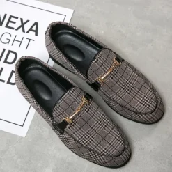 Hot OUKU Men's Plaid Fabric Loafers with Metal Buckle – Stylish Slip-On Shoes for Business, Weddings, and Smart-Casual Outfits