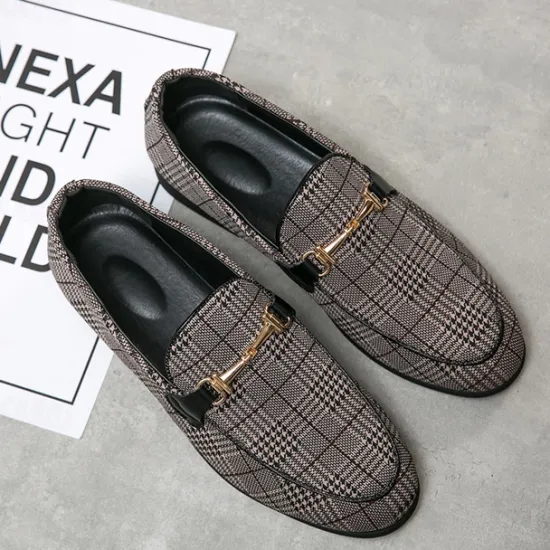 Hot OUKU Men's Plaid Fabric Loafers with Metal Buckle – Stylish Slip-On Shoes for Business, Weddings, and Smart-Casual Outfits