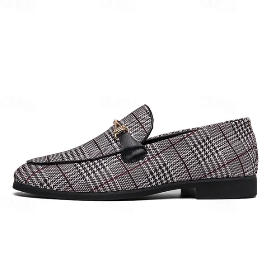 Hot OUKU Men's Plaid Fabric Loafers with Metal Buckle – Stylish Slip-On Shoes for Business, Weddings, and Smart-Casual Outfits