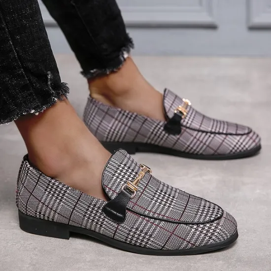 Hot OUKU Men's Plaid Fabric Loafers with Metal Buckle – Stylish Slip-On Shoes for Business, Weddings, and Smart-Casual Outfits